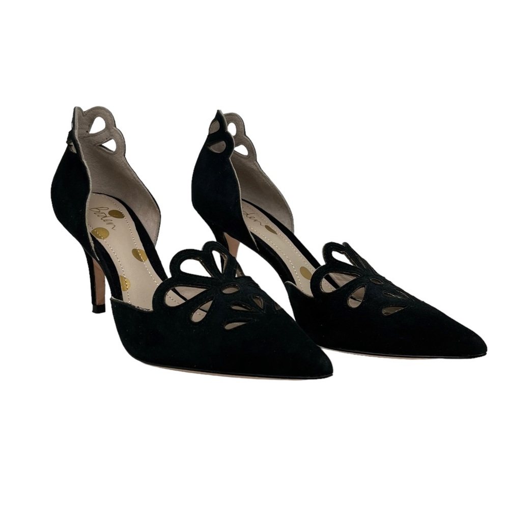 *NEW NWOB* Boden Eloise Cutout Suede Black Mid Heels, Size 37 / 6.5 US